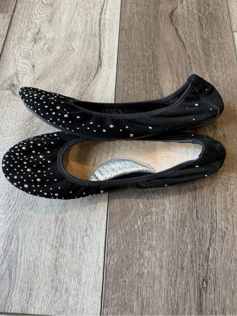 Hush Puppies-Chaste Black Suede Ballet Flats with Silver Stud Accents- Comfort - Picture 4 of 11